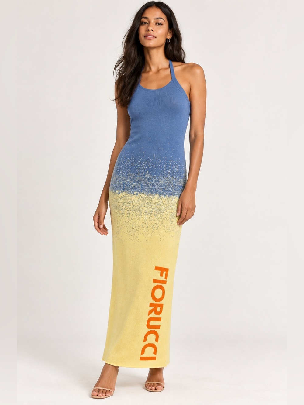 Fiorucci Knit Halter Maxi Dress Blue Yellow Ombré Logo XS